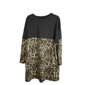 NWT Adara Long Tunic Top Sz 2X Plus Colorblock Leopard Print Gray Long Sleeve